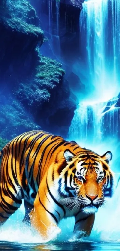 Tiger walking through a vibrant waterfall jungle, showcasing nature's beauty.