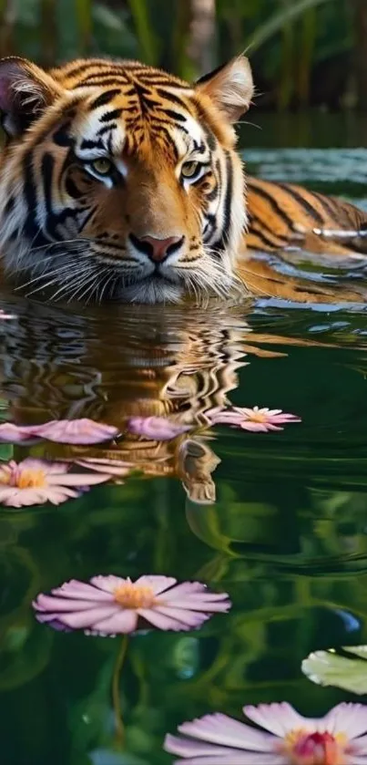 Tiger swimming in water with pink flowers floating.