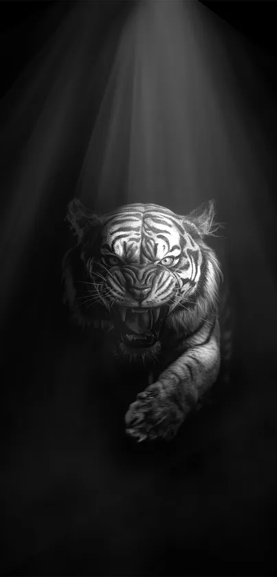 Tiger emerging from shadows in monochrome artwork, perfect for mobile wallpaper.