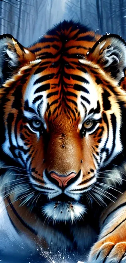 Majestic tiger prowling in snowy forest wallpaper.