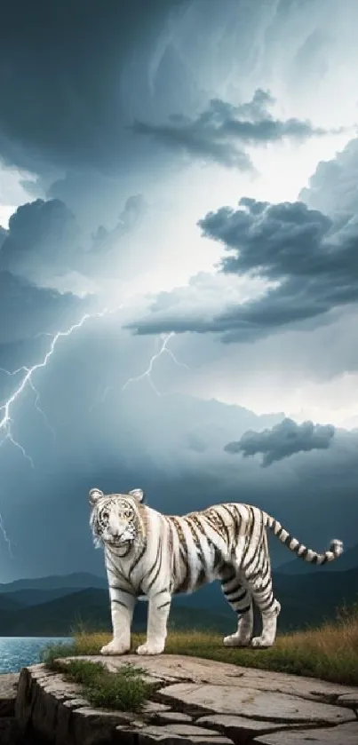 White tiger on a rocky landscape under a stormy sky with lightning.