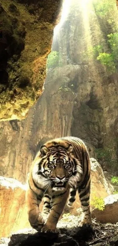 Tiger walking in a sunlit cave with natural surroundings.