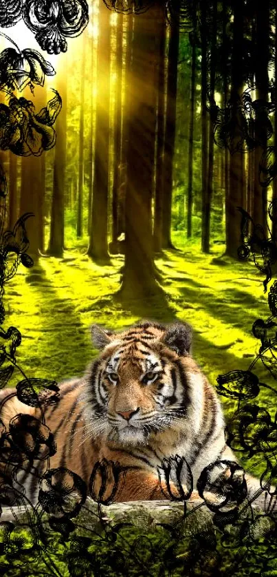 Resting tiger in a sunlit forest with vibrant rays.