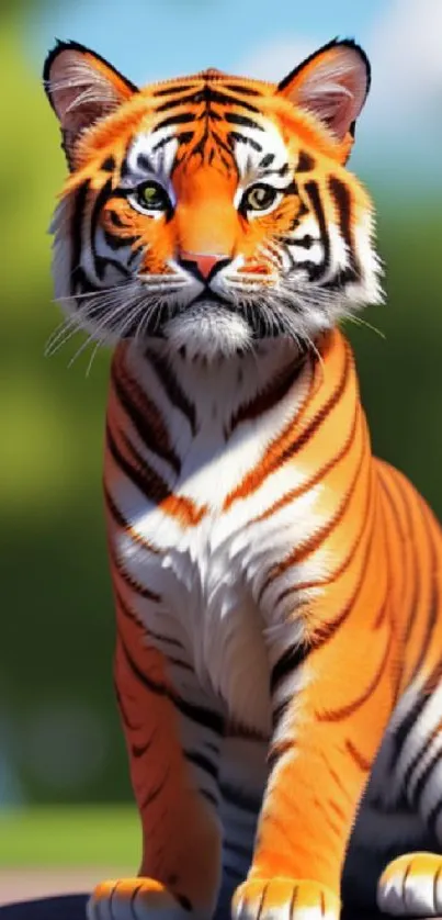 Mobile wallpaper of a vibrant tiger sitting in a sunlit forest with lush greenery.