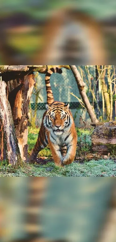 Majestic tiger walking in lush forest background.