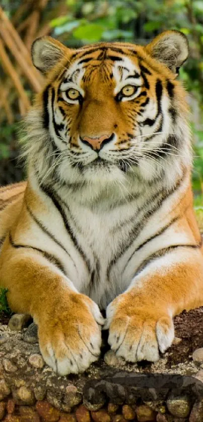 Majestic tiger lounging in the lush jungle, vibrant nature scene.