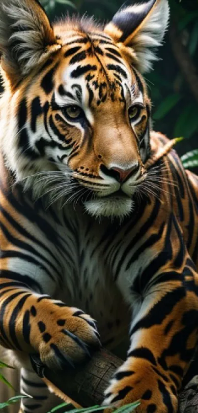 Majestic tiger sitting in a lush green jungle setting.