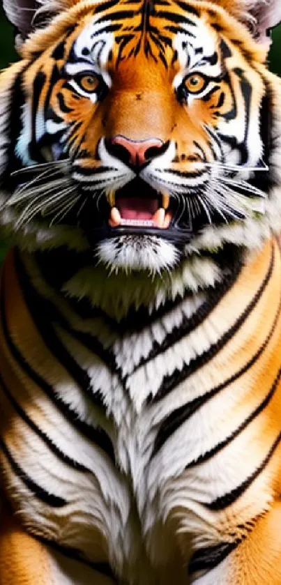 Majestic tiger with orange and black stripes in a lush green jungle setting.