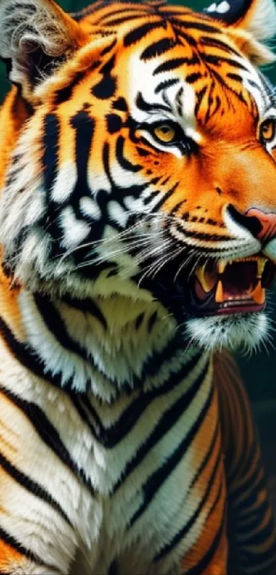 Majestic tiger in jungle setting, showcasing vibrant orange and black stripes.