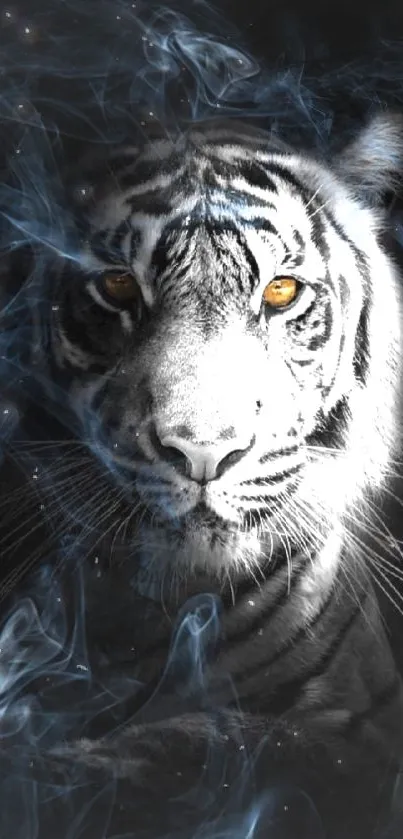 Majestic tiger surrounded by mist on a black background for mobile wallpaper.