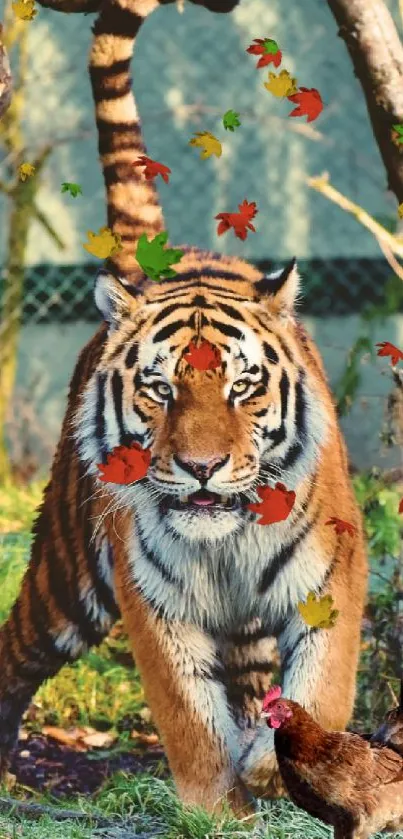 Tiger stalking through a lush, green forest with a chicken, showcasing wildlife beauty.