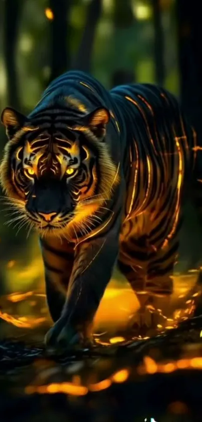 Majestic tiger prowling in a glowing forest.