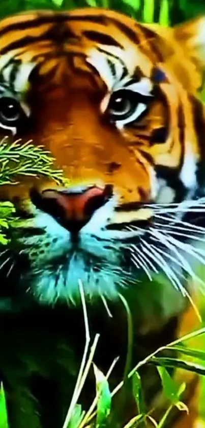 Majestic tiger in lush green jungle setting.