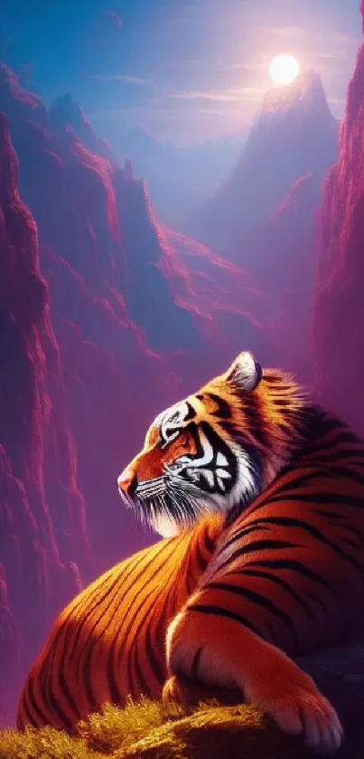 Majestic tiger resting in a colorful twilight mountain landscape.