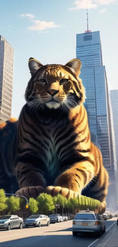 Giant tiger lounging in city street, blending nature and urban life.