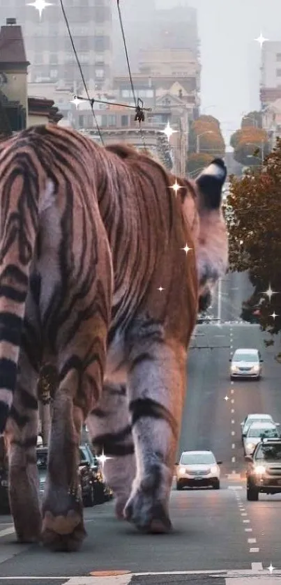 Giant tiger walking through a city street with buildings and cars.