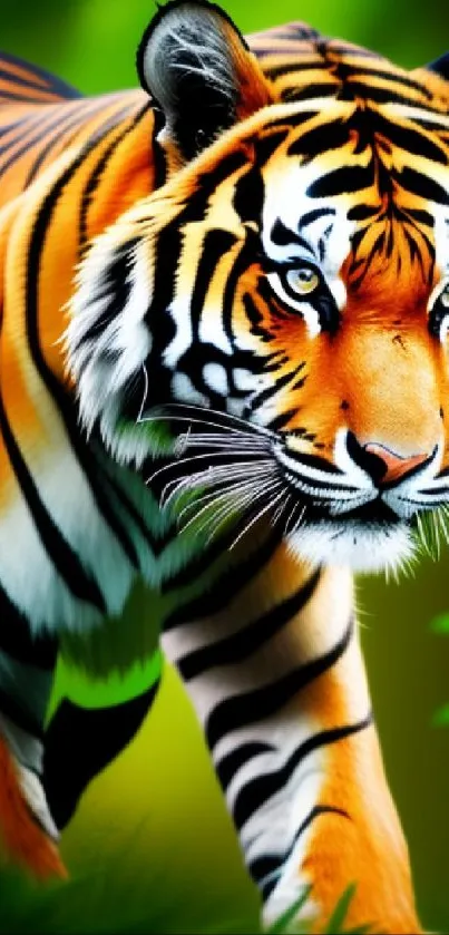 Stunning tiger prowling in a vivid, lush jungle setting, perfect for nature enthusiasts.