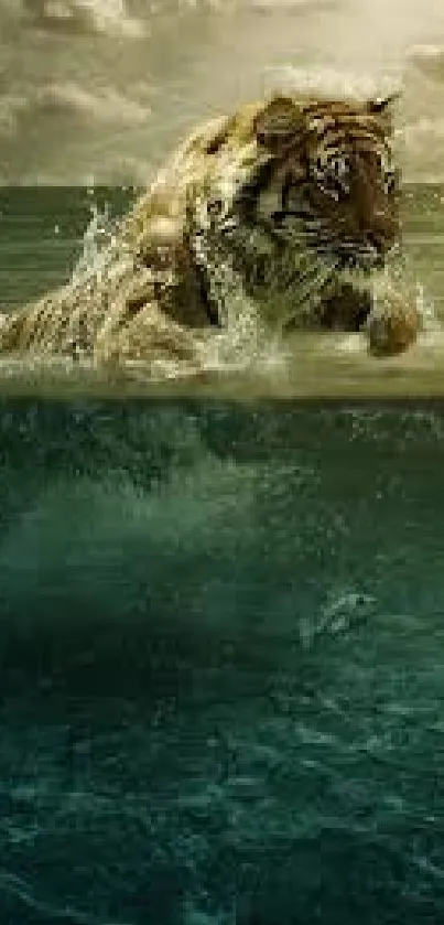 Majestic tiger swimming in tranquil waters with lush scenic backdrop.