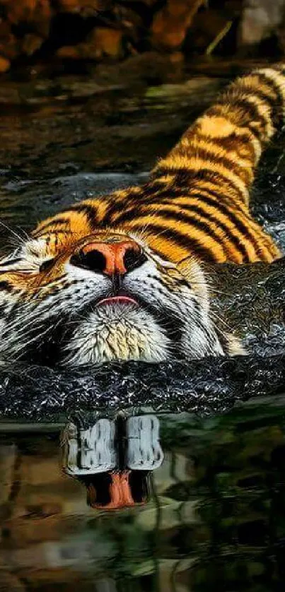 Tiger swimming gracefully in vibrant water, reflecting nature's beauty.