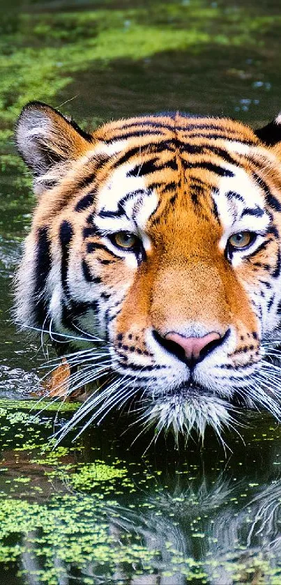 Majestic tiger swimming in serene green water.