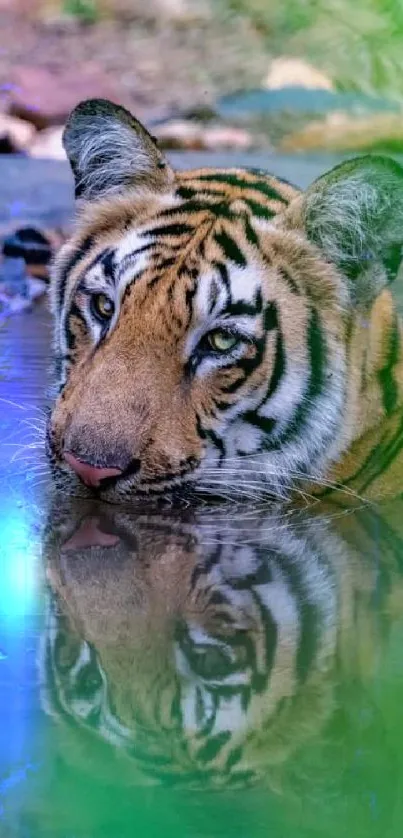 Majestic tiger in water surrounded by greenery, reflecting serenity.