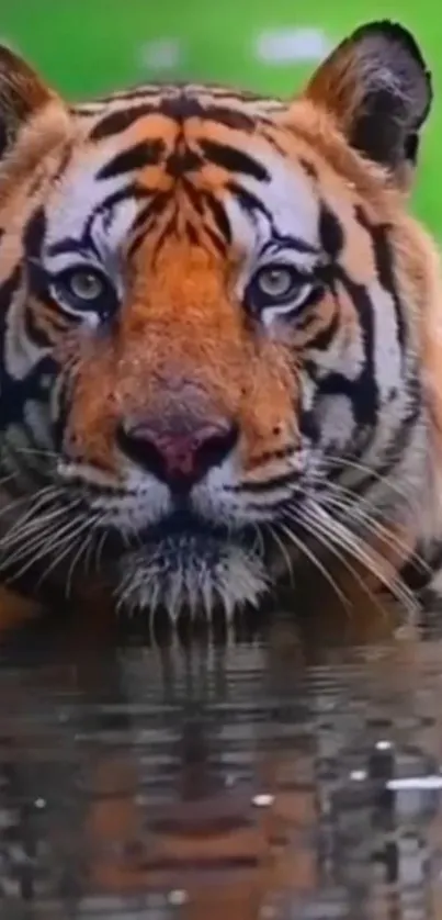 Tiger peacefully resting in water with reflection.