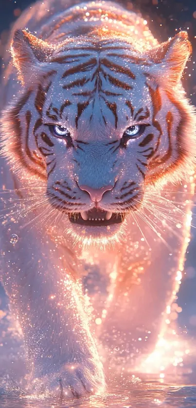 Majestic tiger walking in glowing light and water.