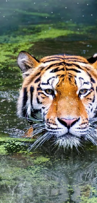 A majestic tiger swimming in lush green water, showcasing nature's beauty.