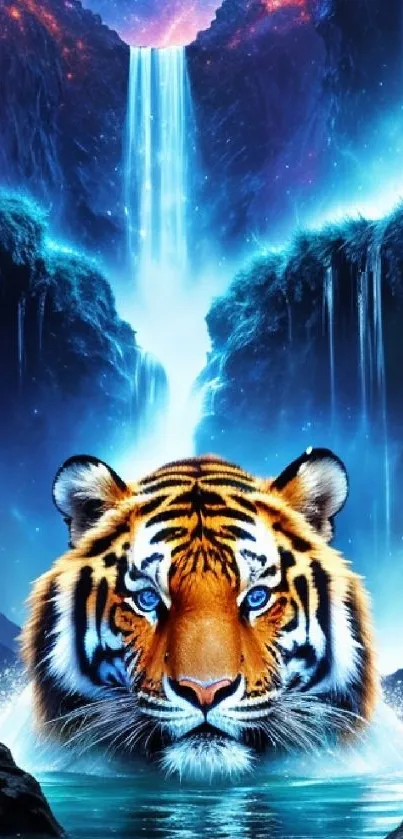 Majestic tiger amidst a mystical waterfall.