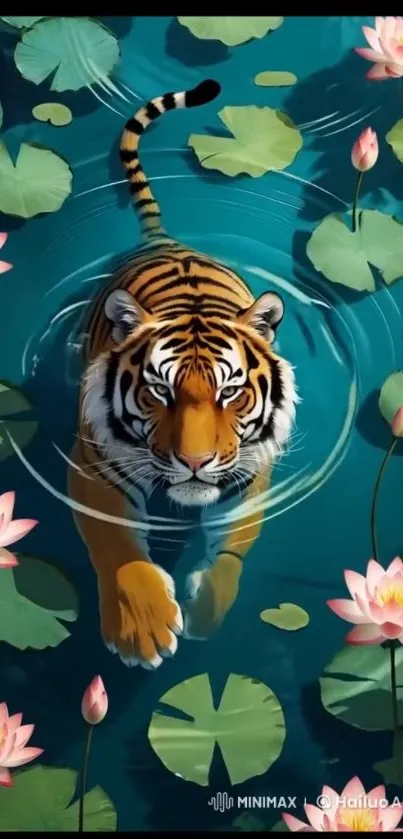 Tiger swimming with lotus flowers in a serene pond.