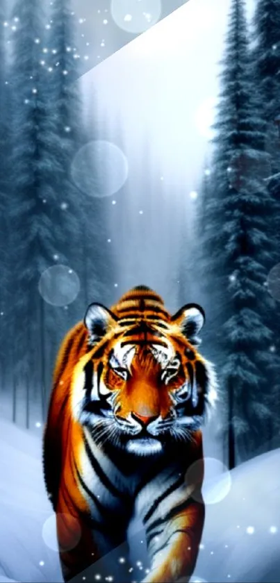 Majestic tiger in a snowy forest landscape with tall trees.