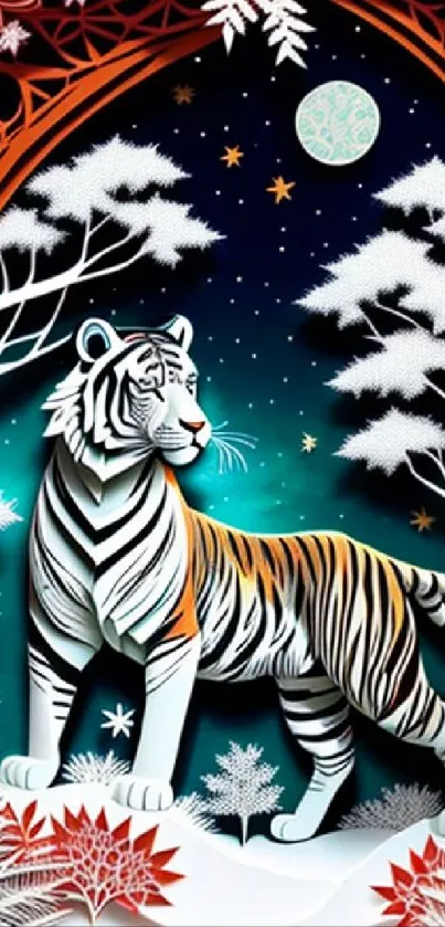 Tiger standing in a snowy, starry winter forest.