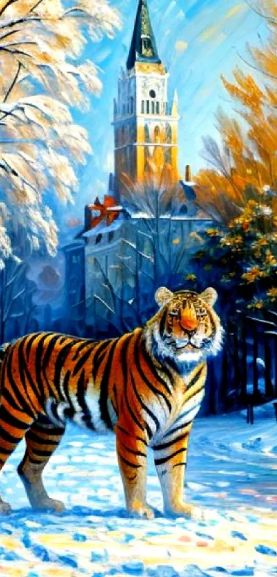 Tiger in a winter landscape with a scenic backdrop.