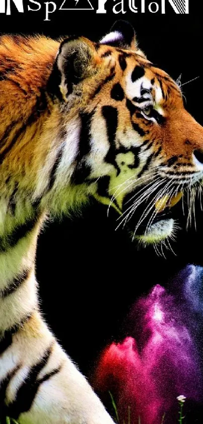 Majestic tiger with colorful aura on black background, featuring the word 'Inspiration'.