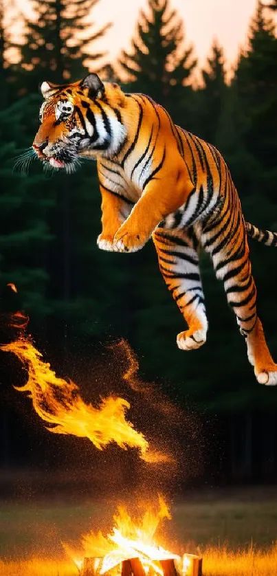 Tiger leaping over campfire with forest in background, vibrant wildlife scene.