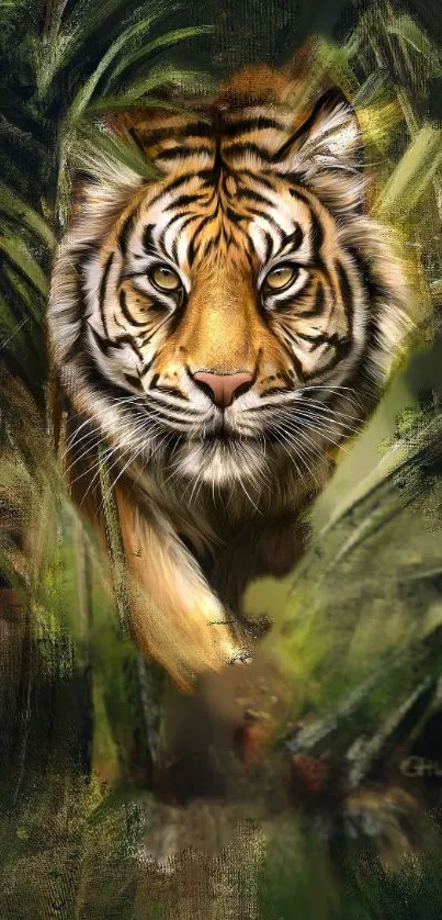 Majestic tiger art in jungle setting, vibrant and detailed.