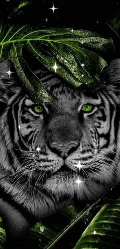 Black and white tiger with green eyes in jungle foliage wallpaper.