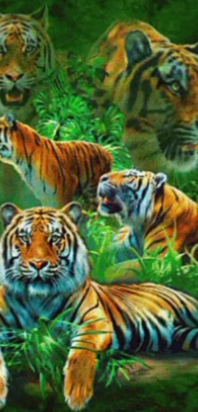 Tigers in a lush green jungle, vibrant mobile wallpaper scene.