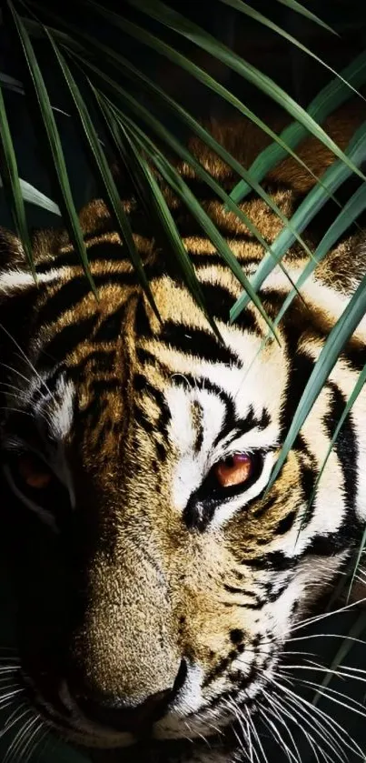 Tiger's intense gaze through jungle leaves.