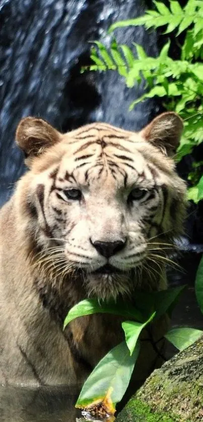 Majestic tiger in jungle setting with green foliage and waterfall background.