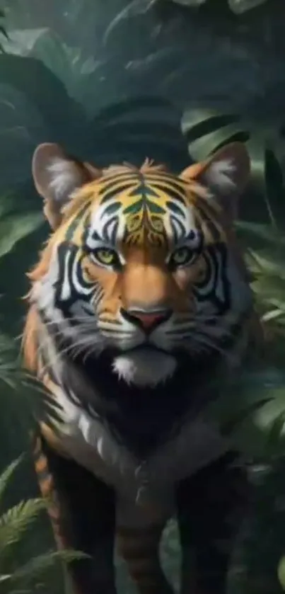 Majestic tiger standing in lush green jungle foliage.