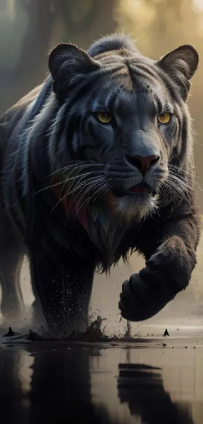 Majestic tiger strides through jungle mist, reflecting in dark water.