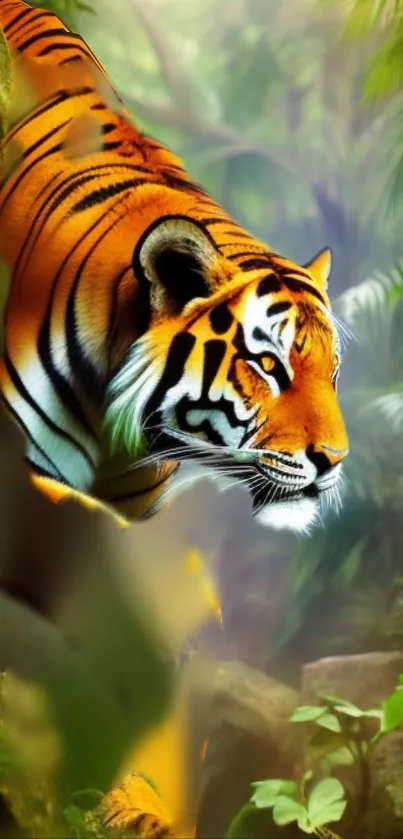 Majestic tiger in a vibrant jungle setting.