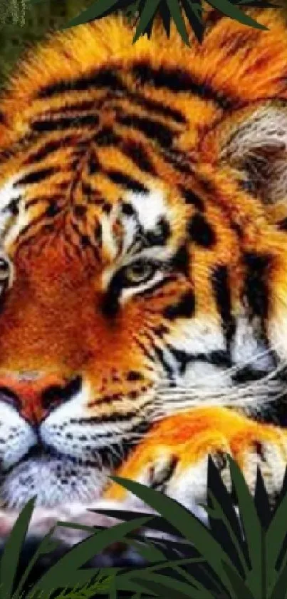 Majestic tiger surrounded by lush jungle foliage in vibrant wallpaper.