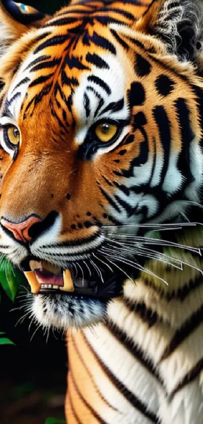 Close-up of a majestic tiger in a lush green jungle setting.