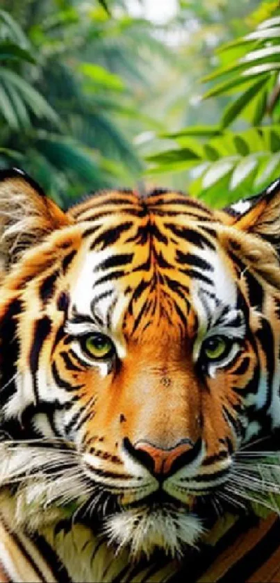 Majestic tiger in lush green jungle wallpaper.