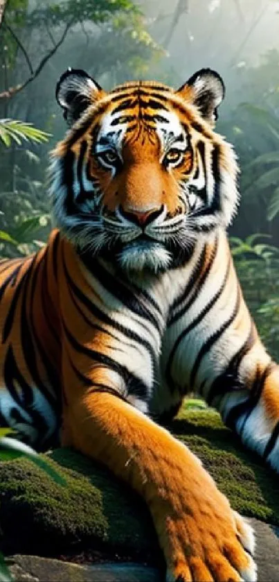 Majestic tiger lying in lush jungle.