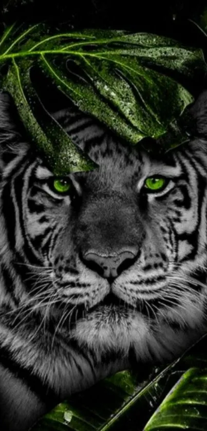 Black and white tiger with green foliage mobile wallpaper.