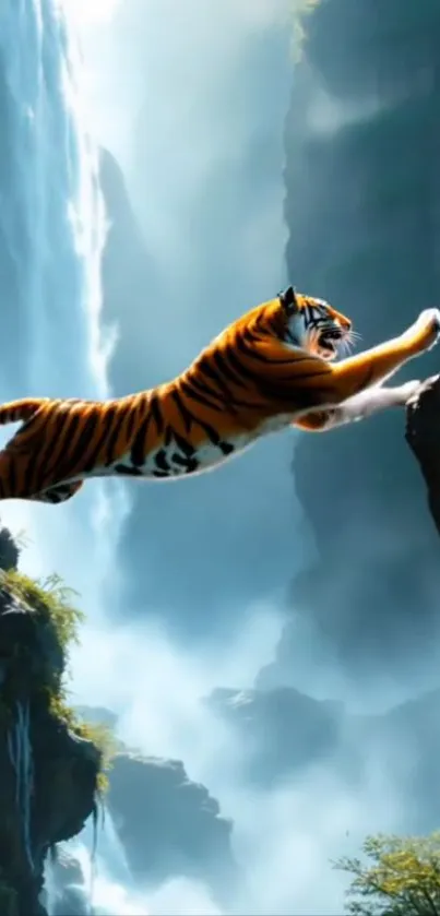 Tiger leaping across cliffs with waterfall backdrop.