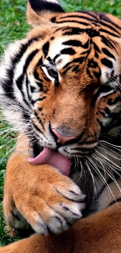 A tiger gracefully licking its paw while resting on grass.
